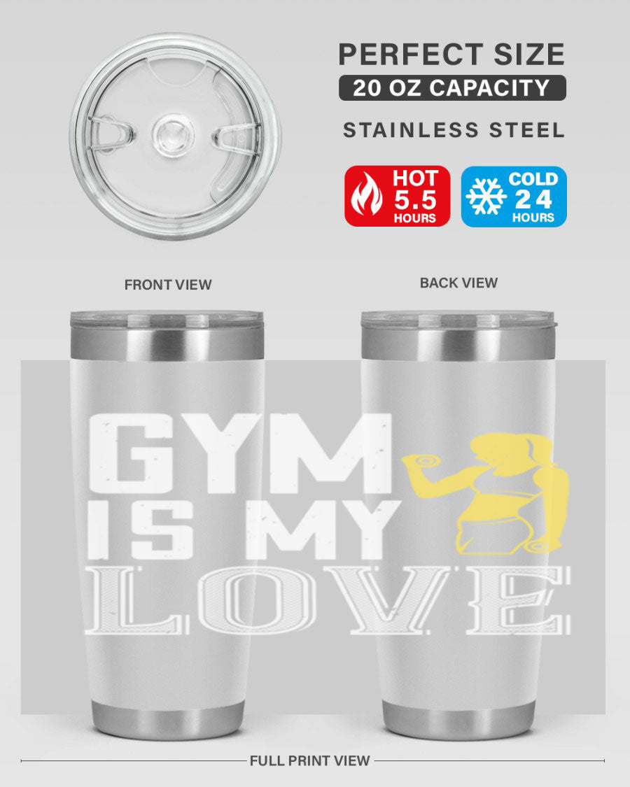 A stylish 'Gym is My Love 98#' tumbler in stainless steel, showcasing its double wall vacuum design and vibrant print.