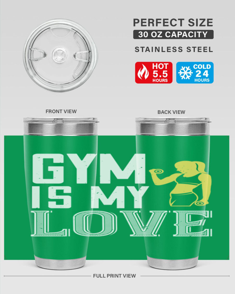 A stylish 'Gym is My Love 98#' tumbler in stainless steel, showcasing its double wall vacuum design and vibrant print.