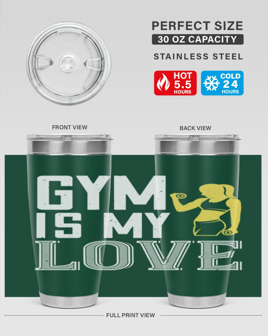 A stylish 'Gym is My Love 98#' tumbler in stainless steel, showcasing its double wall vacuum design and vibrant print.