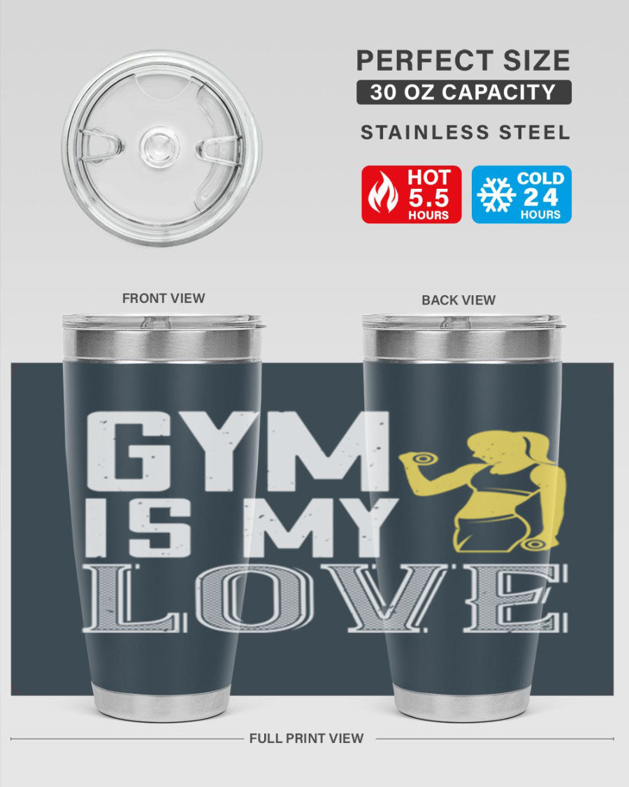 A stylish 'Gym is My Love 98#' tumbler in stainless steel, showcasing its double wall vacuum design and vibrant print.