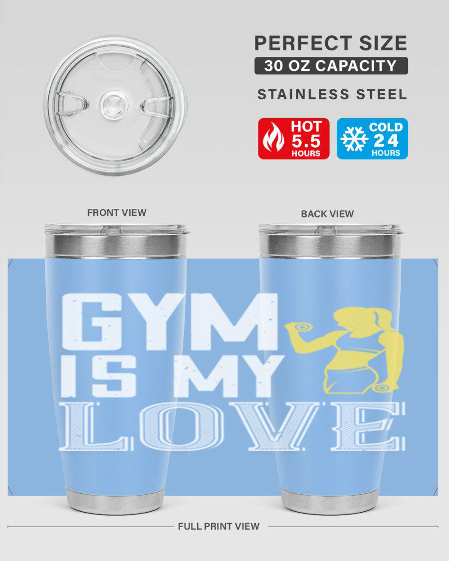 A stylish 'Gym is My Love 98#' tumbler in stainless steel, showcasing its double wall vacuum design and vibrant print.