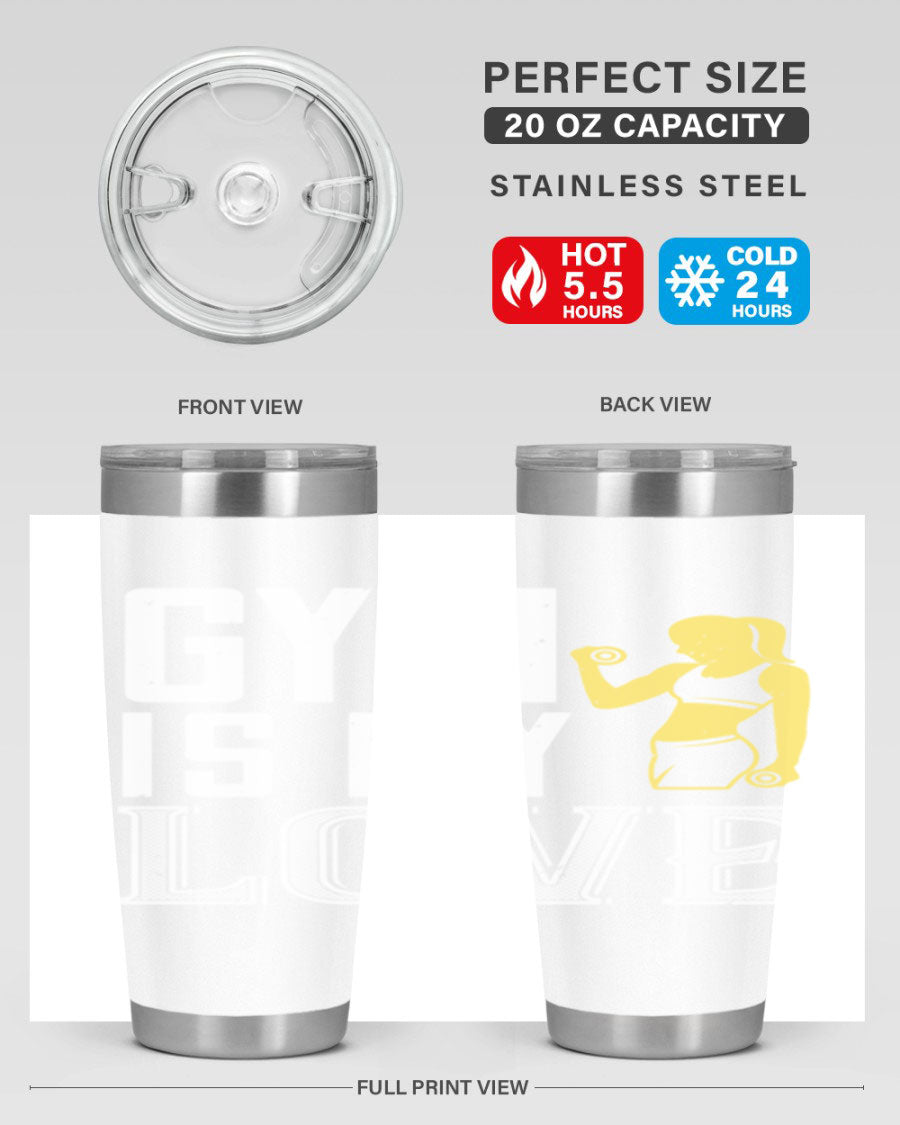 A stylish 'Gym is My Love 98#' tumbler in stainless steel, showcasing its double wall vacuum design and vibrant print.