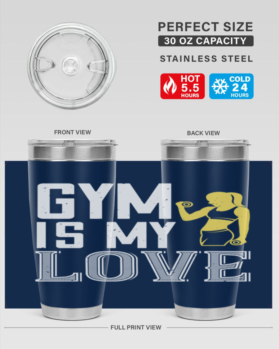 A stylish 'Gym is My Love 98#' tumbler in stainless steel, showcasing its double wall vacuum design and vibrant print.