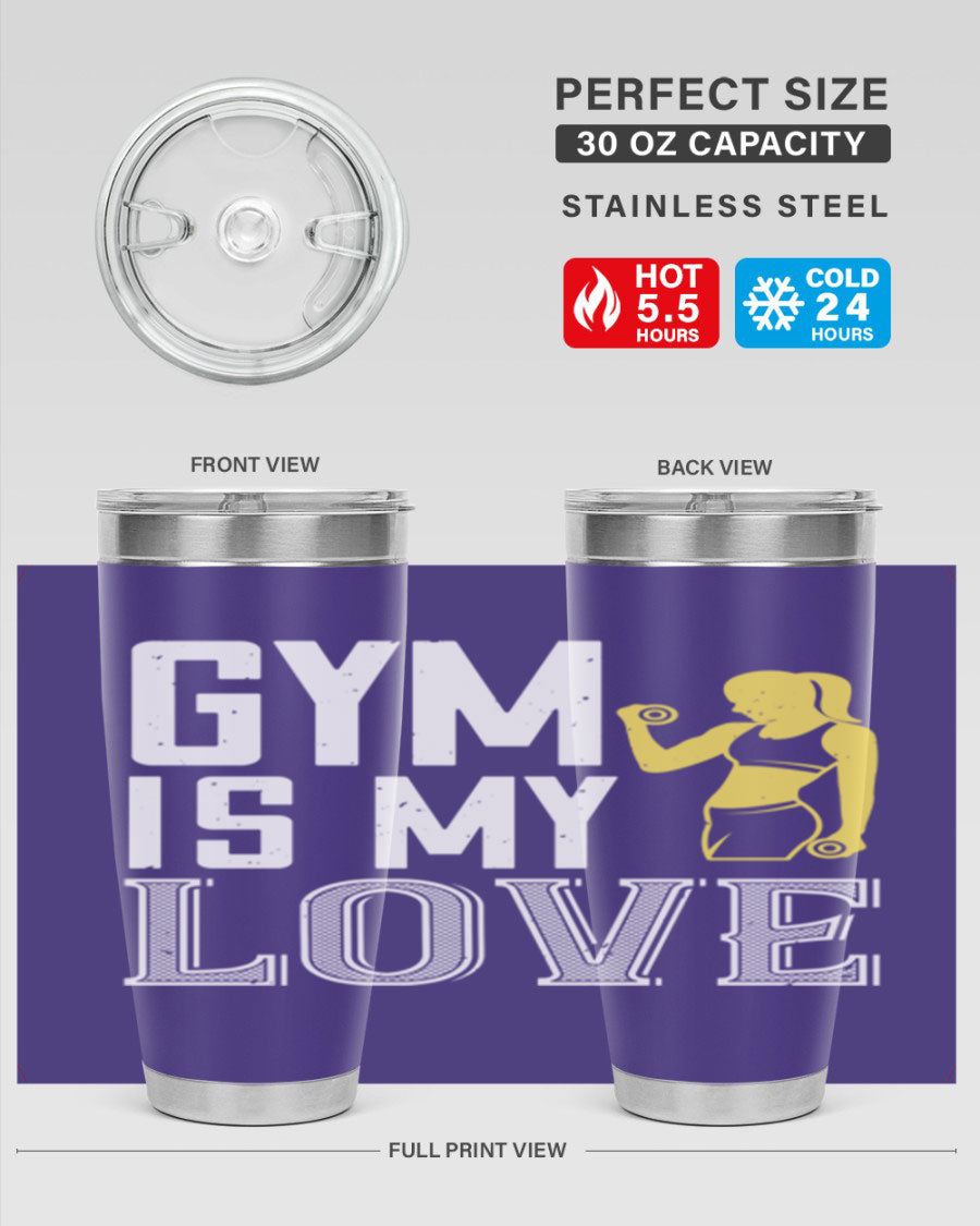 A stylish 'Gym is My Love 98#' tumbler in stainless steel, showcasing its double wall vacuum design and vibrant print.