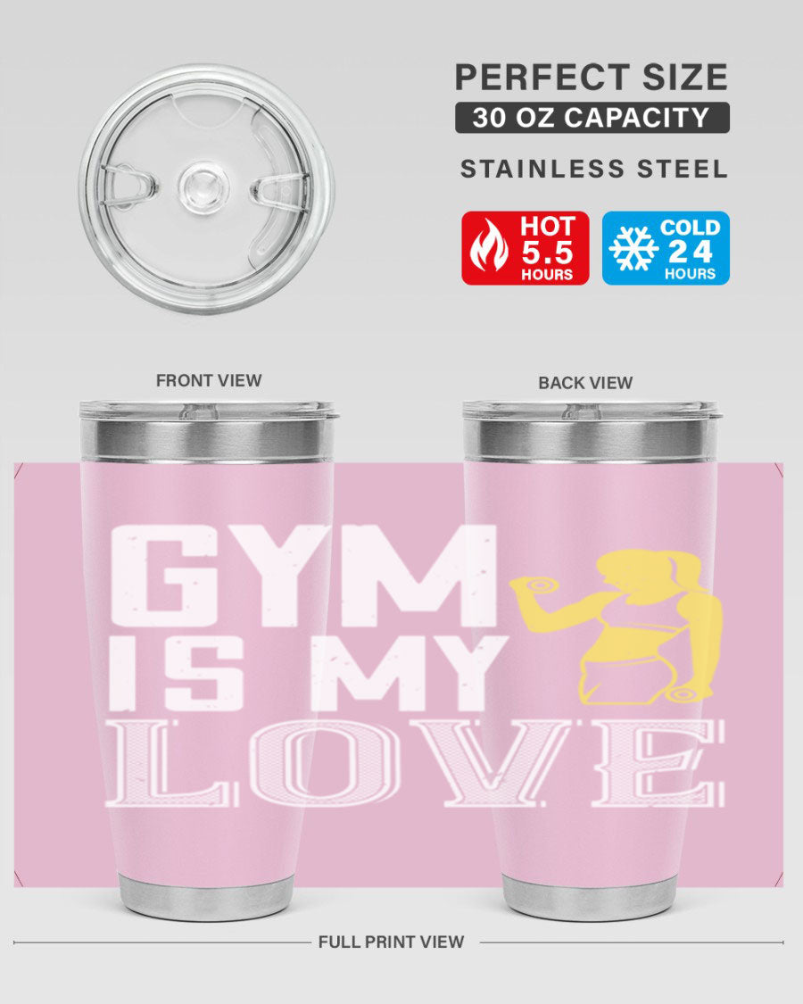 A stylish 'Gym is My Love 98#' tumbler in stainless steel, showcasing its double wall vacuum design and vibrant print.