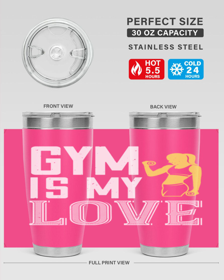 A stylish 'Gym is My Love 98#' tumbler in stainless steel, showcasing its double wall vacuum design and vibrant print.