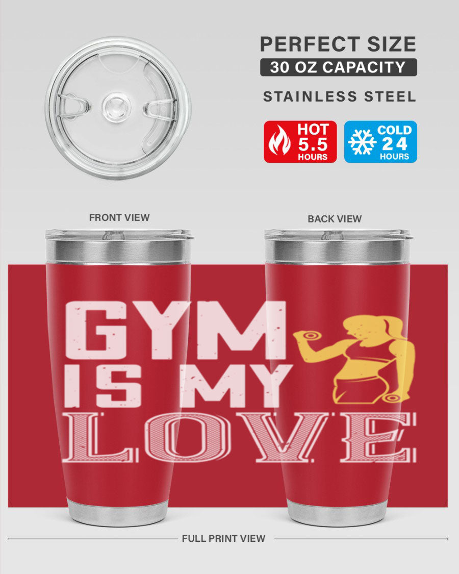 A stylish 'Gym is My Love 98#' tumbler in stainless steel, showcasing its double wall vacuum design and vibrant print.