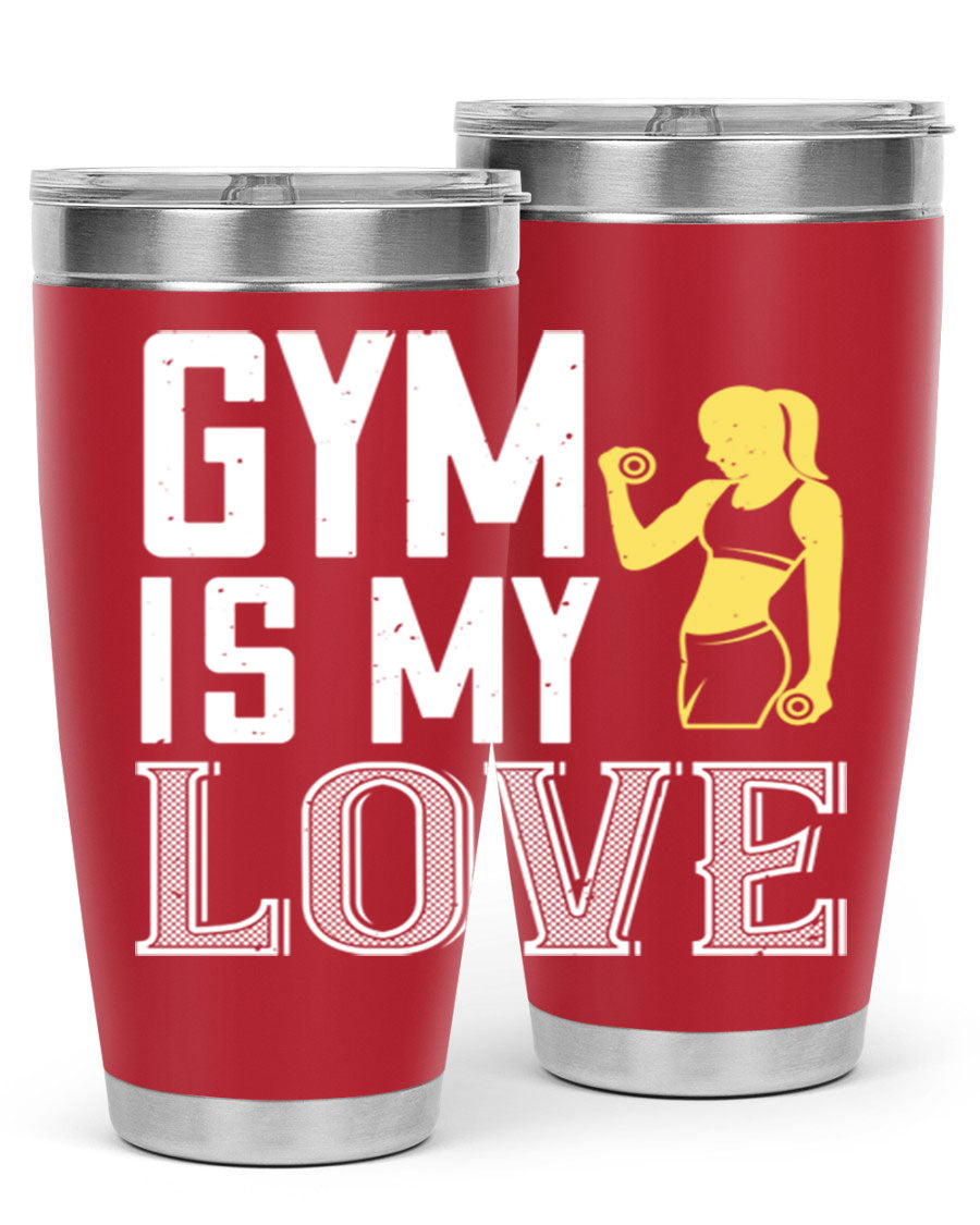 A stylish 'Gym is My Love 98#' tumbler in stainless steel, showcasing its double wall vacuum design and vibrant print.