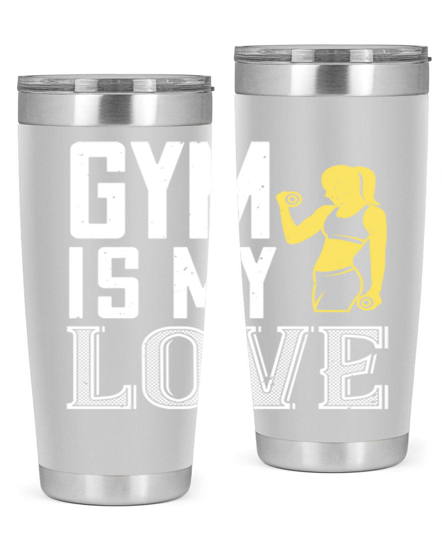 A stylish 'Gym is My Love 98#' tumbler in stainless steel, showcasing its double wall vacuum design and vibrant print.