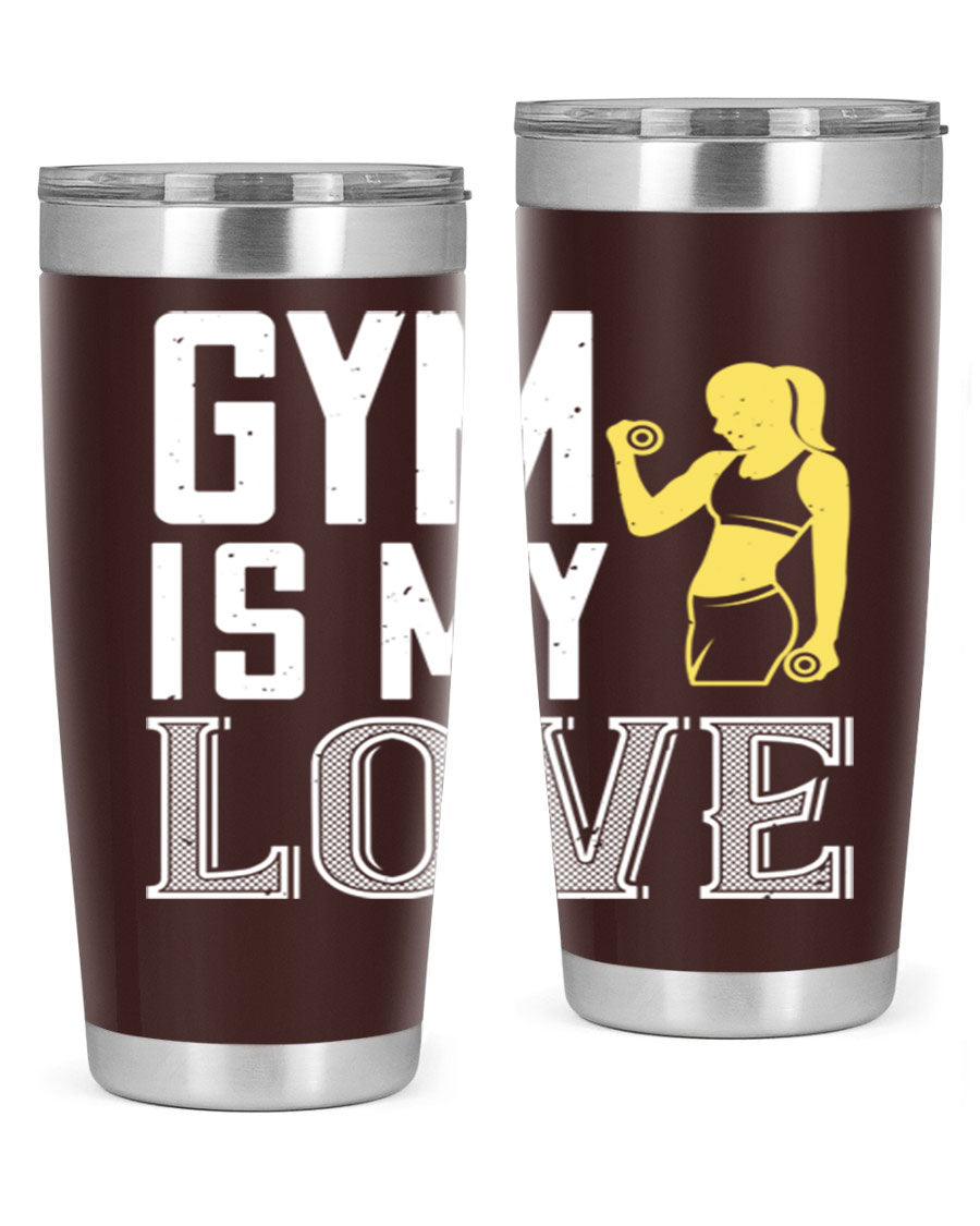A stylish 'Gym is My Love 98#' tumbler in stainless steel, showcasing its double wall vacuum design and vibrant print.
