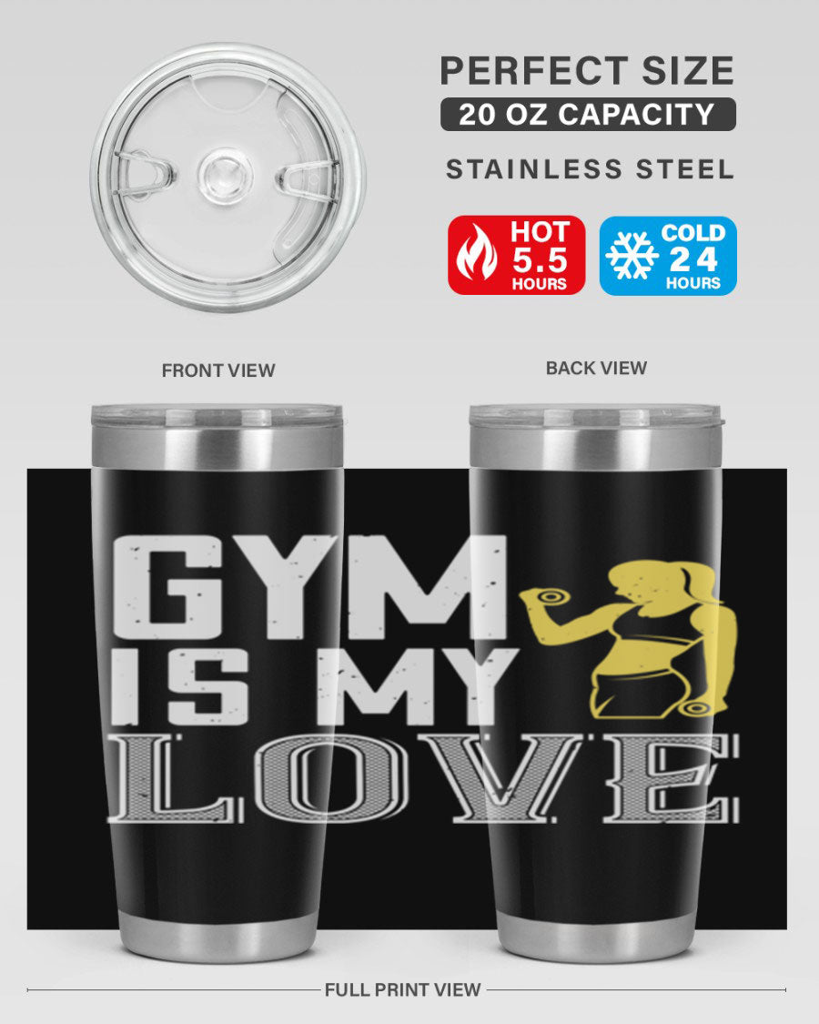 A stylish 'Gym is My Love 98#' tumbler in stainless steel, showcasing its double wall vacuum design and vibrant print.