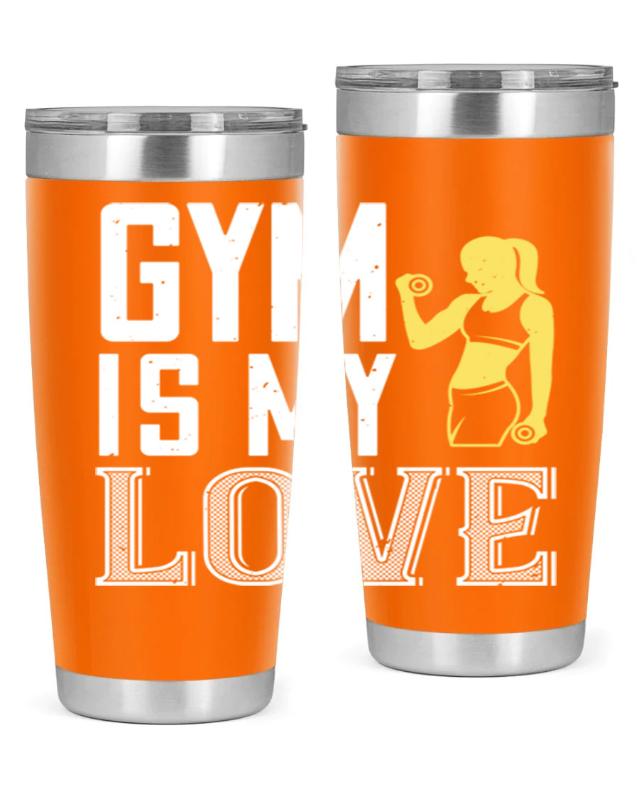A stylish 'Gym is My Love 98#' tumbler in stainless steel, showcasing its double wall vacuum design and vibrant print.