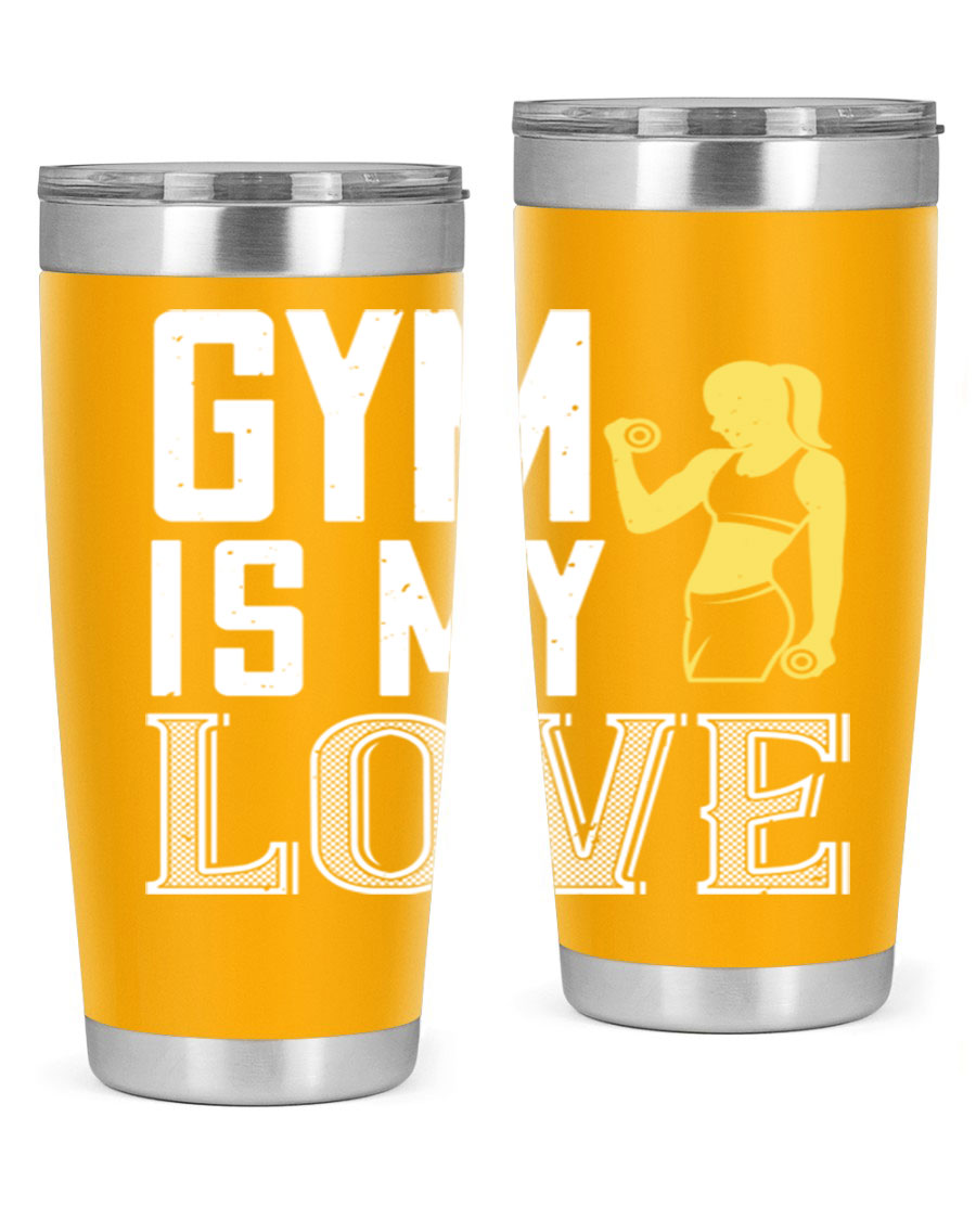 A stylish 'Gym is My Love 98#' tumbler in stainless steel, showcasing its double wall vacuum design and vibrant print.