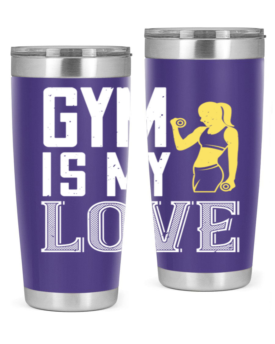 A stylish 'Gym is My Love 98#' tumbler in stainless steel, showcasing its double wall vacuum design and vibrant print.