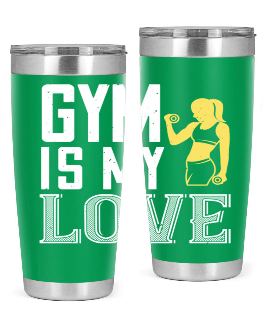 A stylish 'Gym is My Love 98#' tumbler in stainless steel, showcasing its double wall vacuum design and vibrant print.