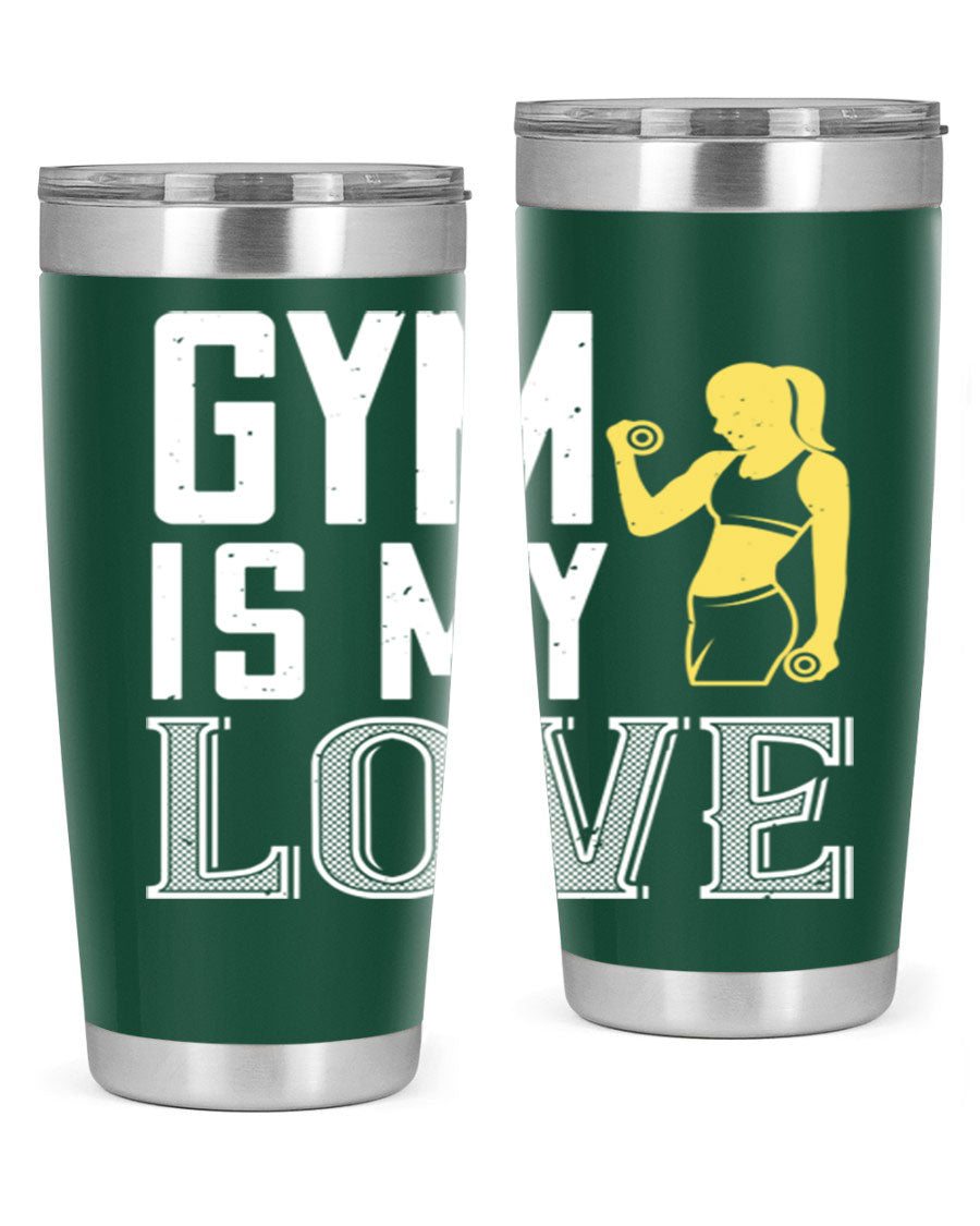 A stylish 'Gym is My Love 98#' tumbler in stainless steel, showcasing its double wall vacuum design and vibrant print.