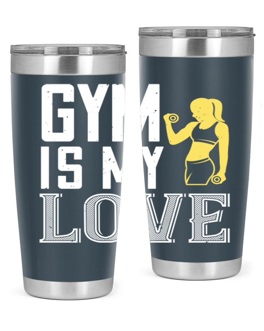 A stylish 'Gym is My Love 98#' tumbler in stainless steel, showcasing its double wall vacuum design and vibrant print.
