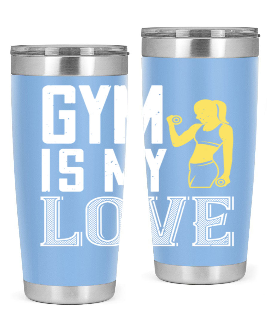 A stylish 'Gym is My Love 98#' tumbler in stainless steel, showcasing its double wall vacuum design and vibrant print.