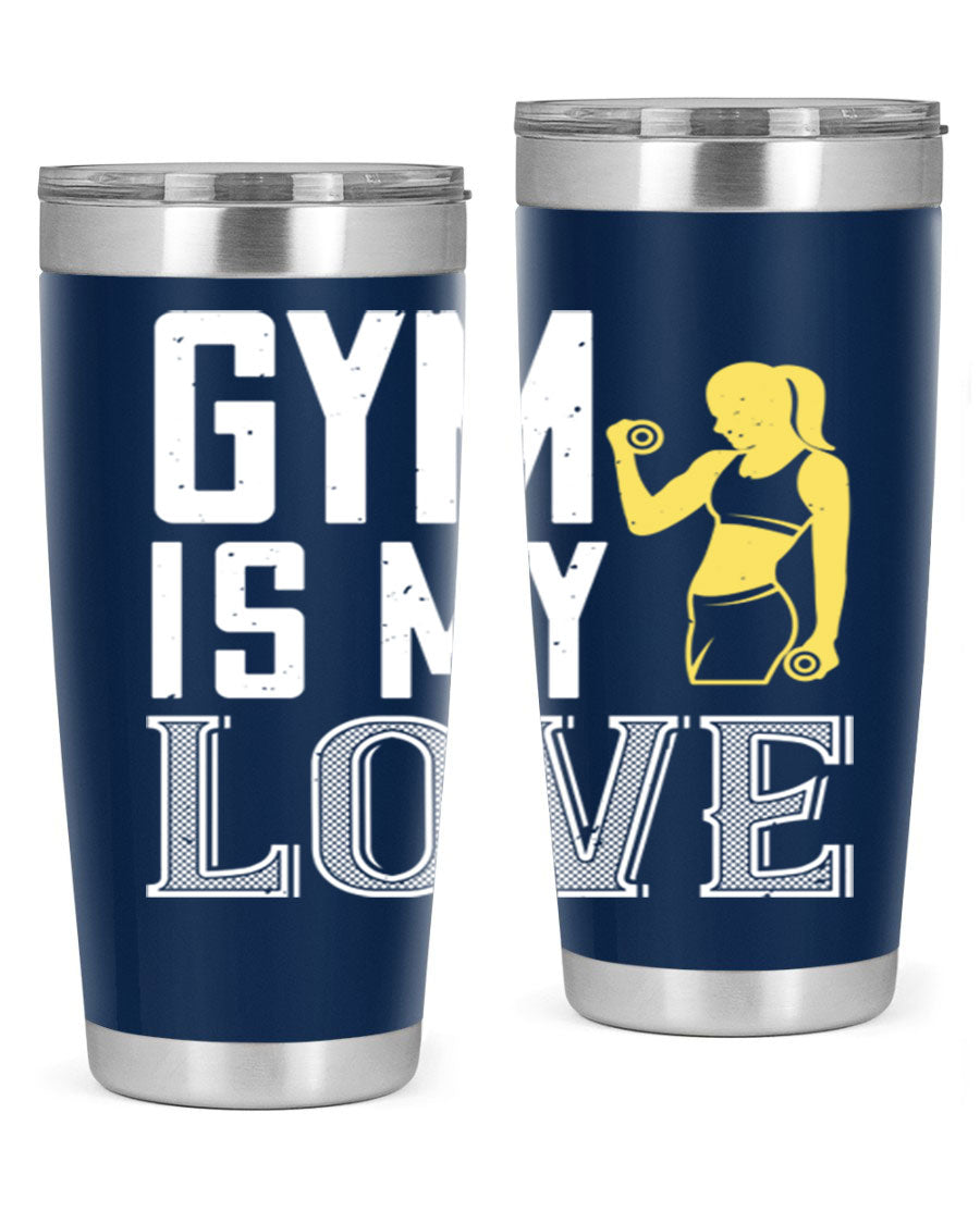 A stylish 'Gym is My Love 98#' tumbler in stainless steel, showcasing its double wall vacuum design and vibrant print.