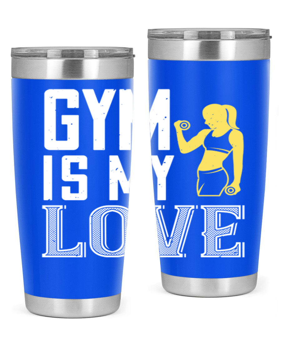 A stylish 'Gym is My Love 98#' tumbler in stainless steel, showcasing its double wall vacuum design and vibrant print.