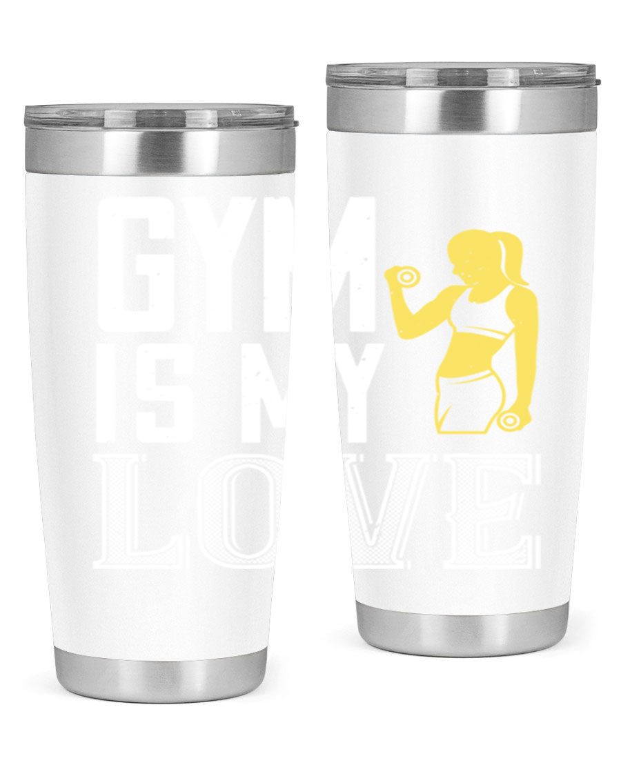 A stylish 'Gym is My Love 98#' tumbler in stainless steel, showcasing its double wall vacuum design and vibrant print.