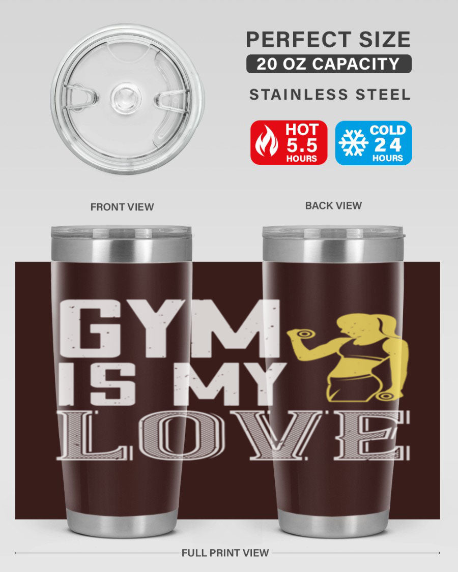 A stylish 'Gym is My Love 98#' tumbler in stainless steel, showcasing its double wall vacuum design and vibrant print.