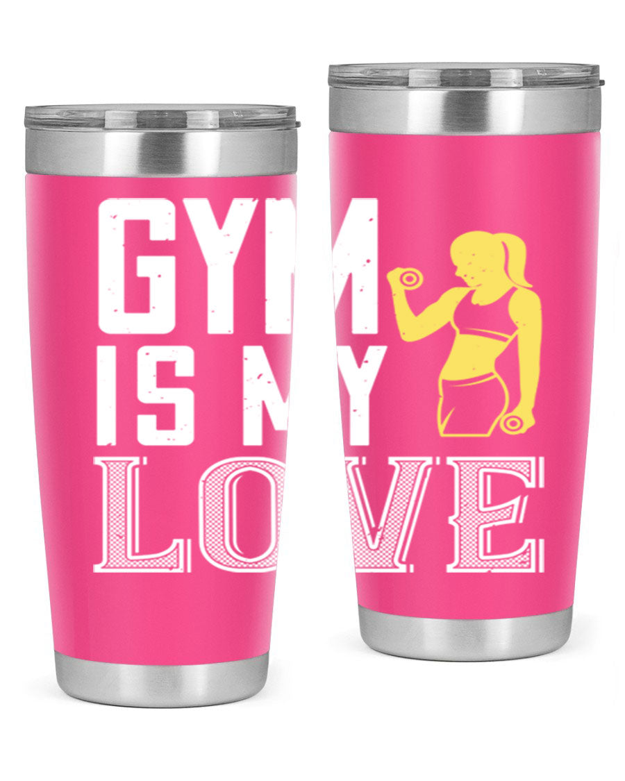 A stylish 'Gym is My Love 98#' tumbler in stainless steel, showcasing its double wall vacuum design and vibrant print.