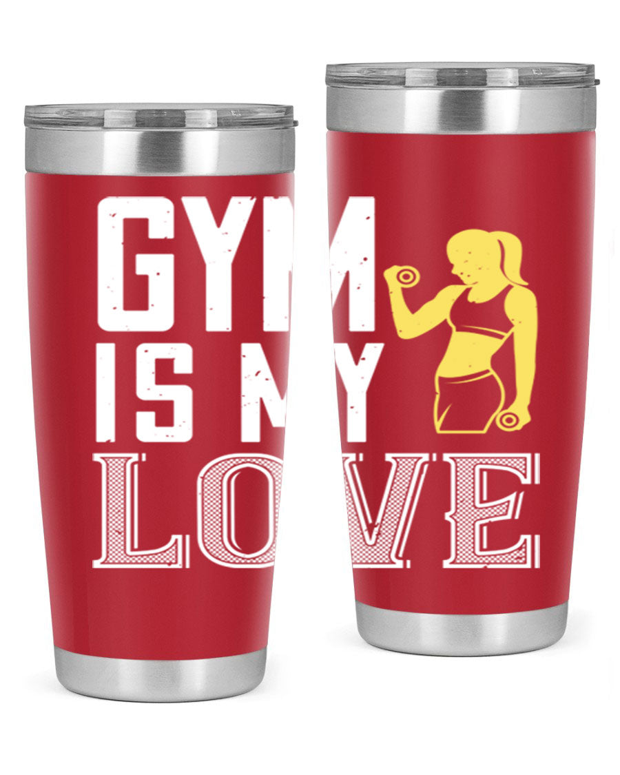 A stylish 'Gym is My Love 98#' tumbler in stainless steel, showcasing its double wall vacuum design and vibrant print.