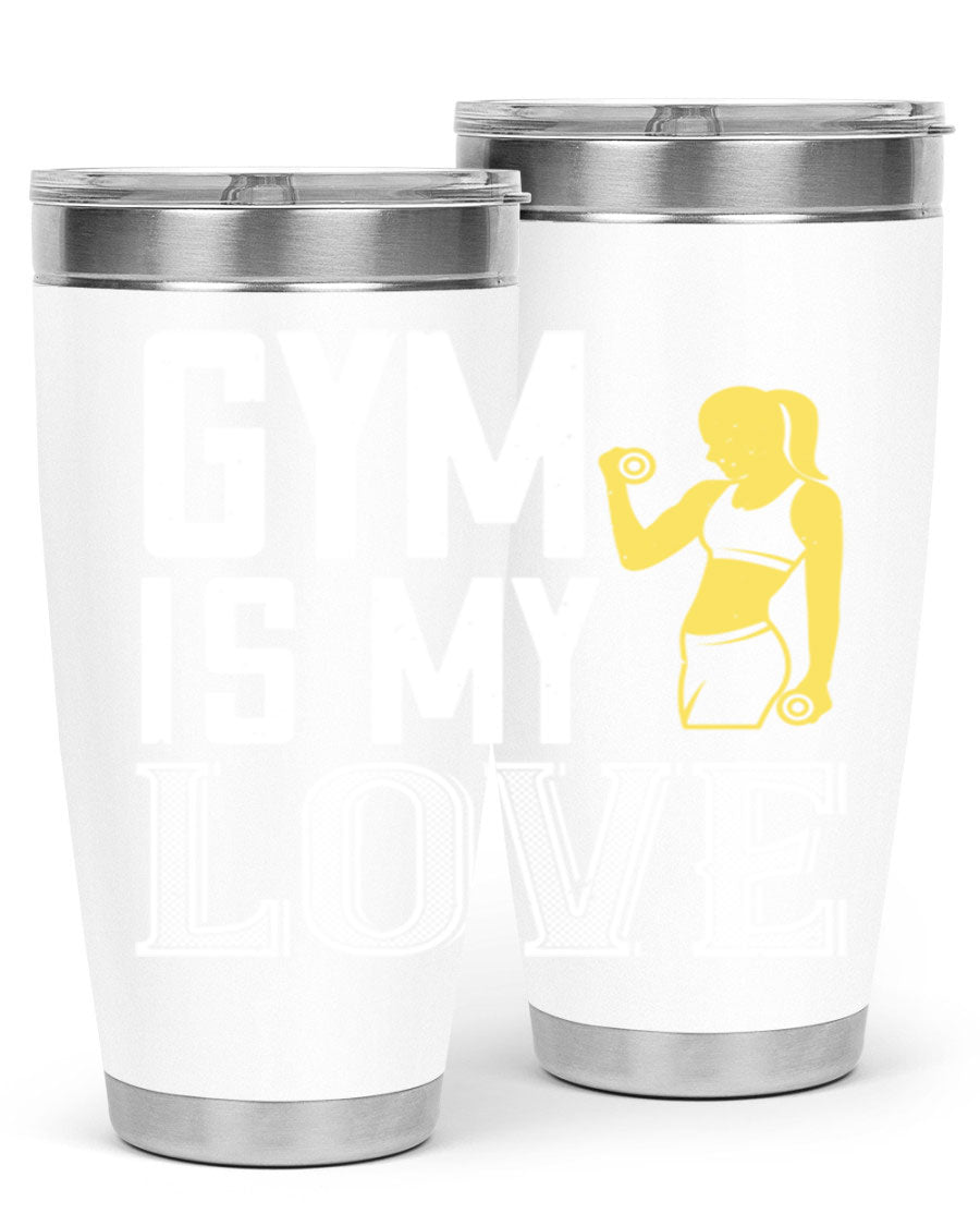 A stylish 'Gym is My Love 98#' tumbler in stainless steel, showcasing its double wall vacuum design and vibrant print.