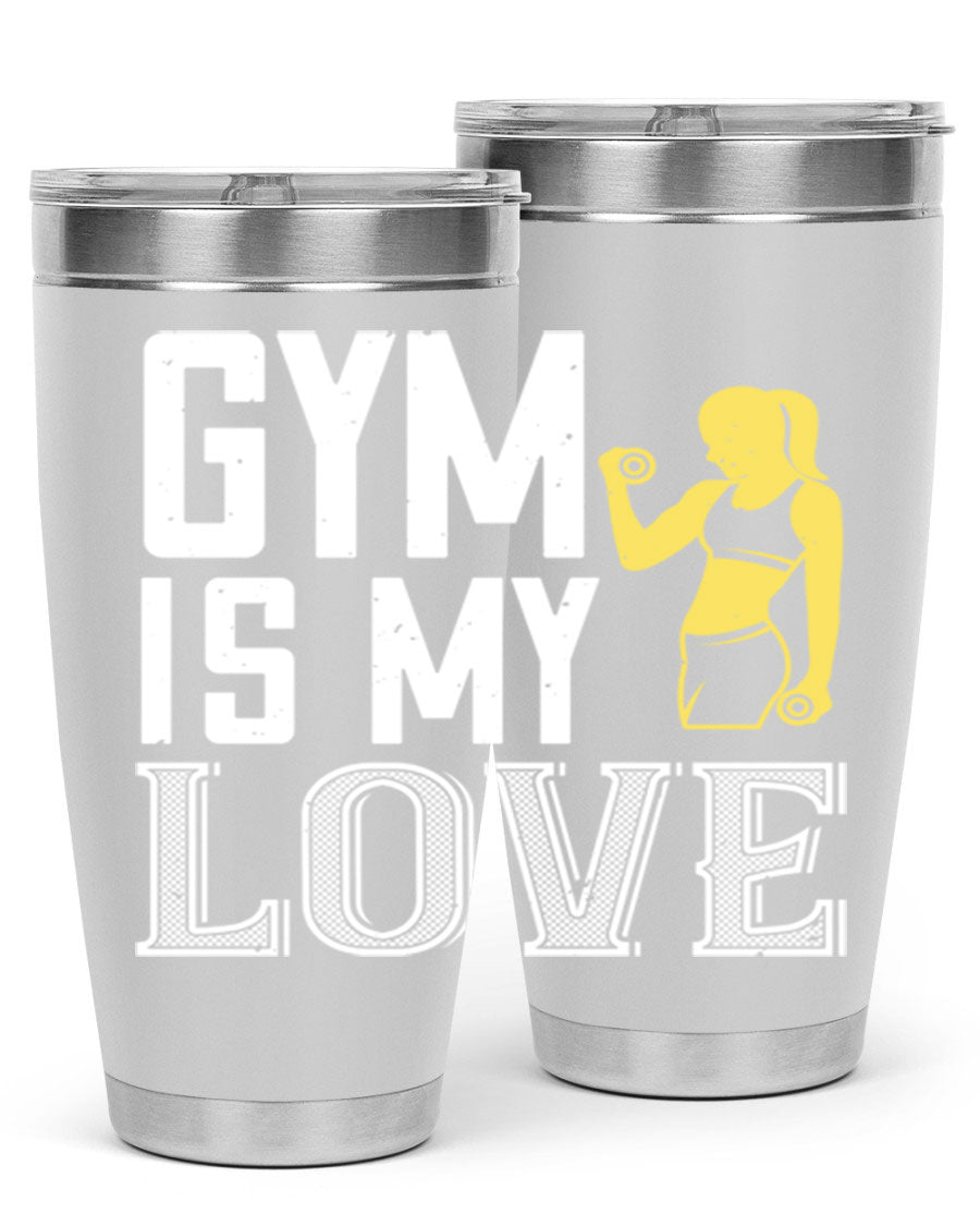 A stylish 'Gym is My Love 98#' tumbler in stainless steel, showcasing its double wall vacuum design and vibrant print.