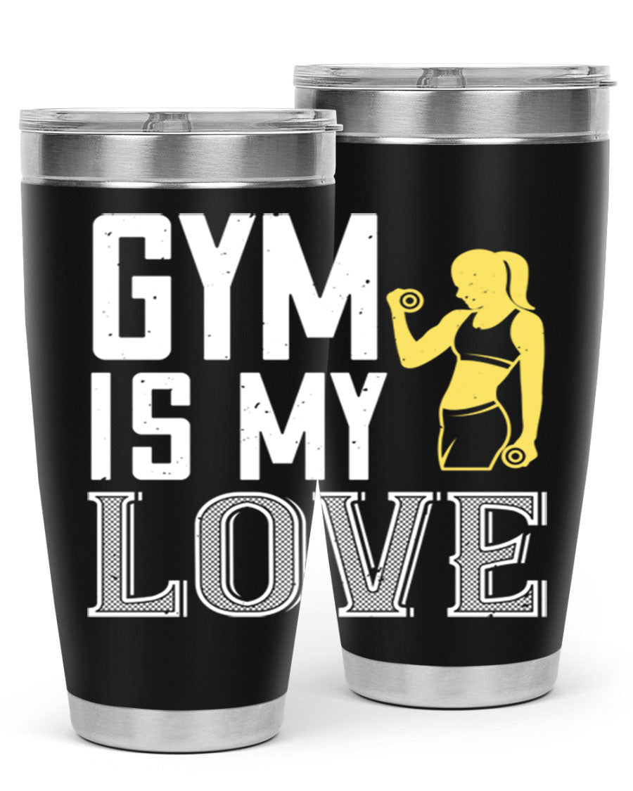 A stylish 'Gym is My Love 98#' tumbler in stainless steel, showcasing its double wall vacuum design and vibrant print.