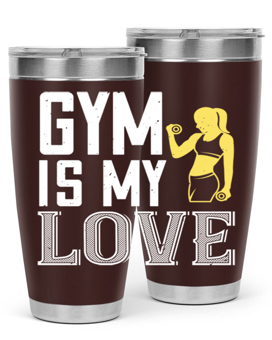 A stylish 'Gym is My Love 98#' tumbler in stainless steel, showcasing its double wall vacuum design and vibrant print.