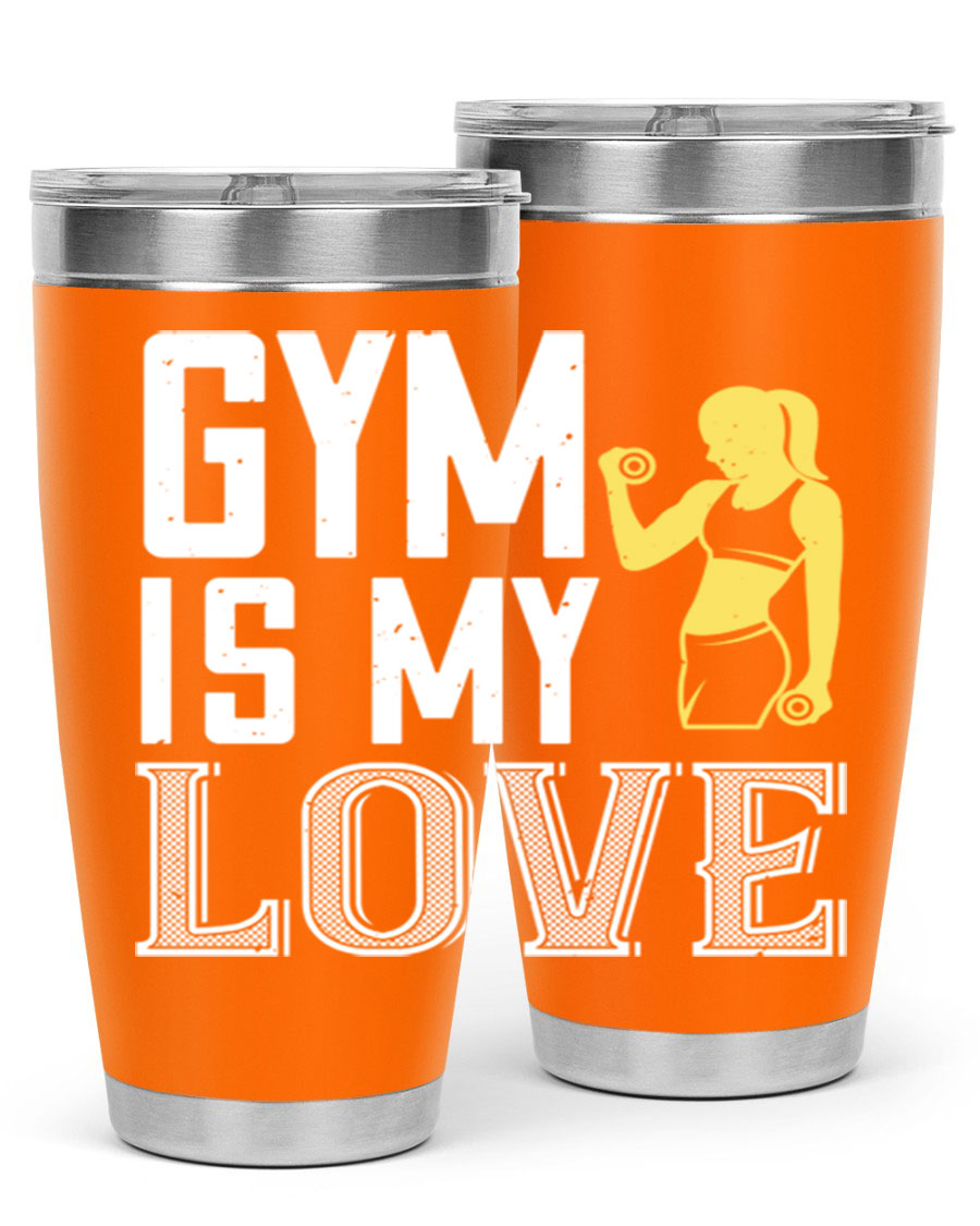 A stylish 'Gym is My Love 98#' tumbler in stainless steel, showcasing its double wall vacuum design and vibrant print.