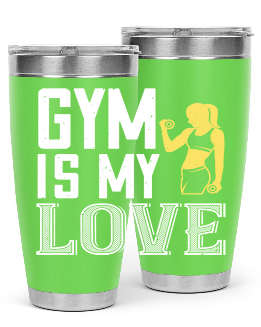 A stylish 'Gym is My Love 98#' tumbler in stainless steel, showcasing its double wall vacuum design and vibrant print.