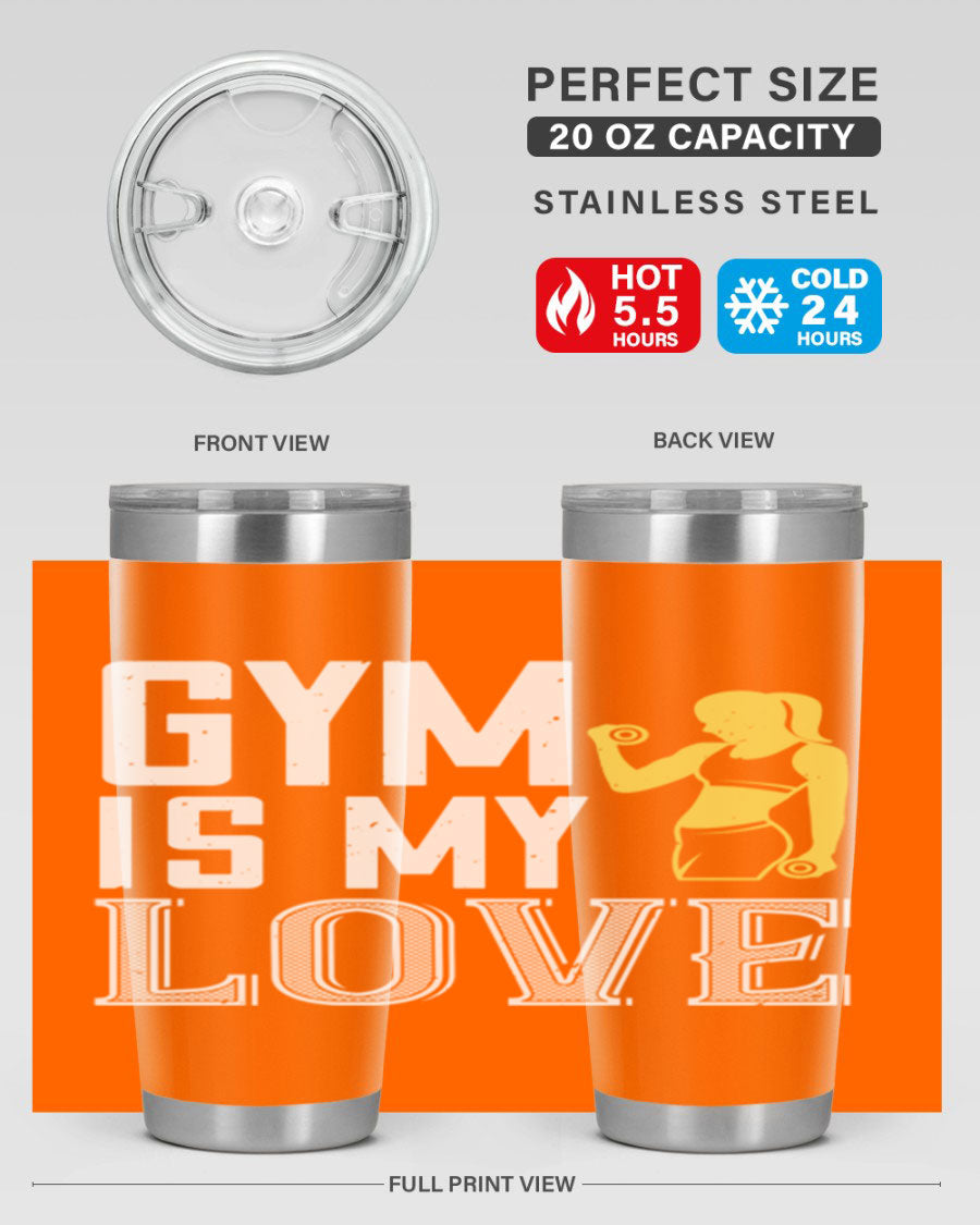 A stylish 'Gym is My Love 98#' tumbler in stainless steel, showcasing its double wall vacuum design and vibrant print.