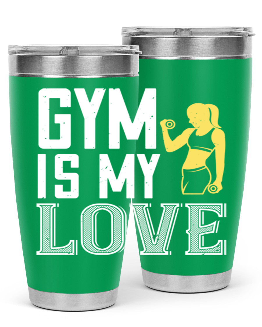 A stylish 'Gym is My Love 98#' tumbler in stainless steel, showcasing its double wall vacuum design and vibrant print.