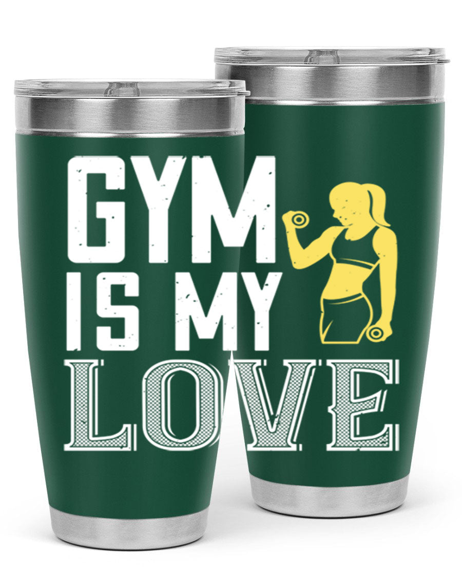 A stylish 'Gym is My Love 98#' tumbler in stainless steel, showcasing its double wall vacuum design and vibrant print.
