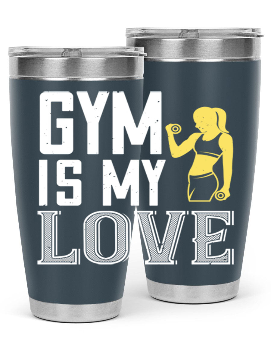 A stylish 'Gym is My Love 98#' tumbler in stainless steel, showcasing its double wall vacuum design and vibrant print.