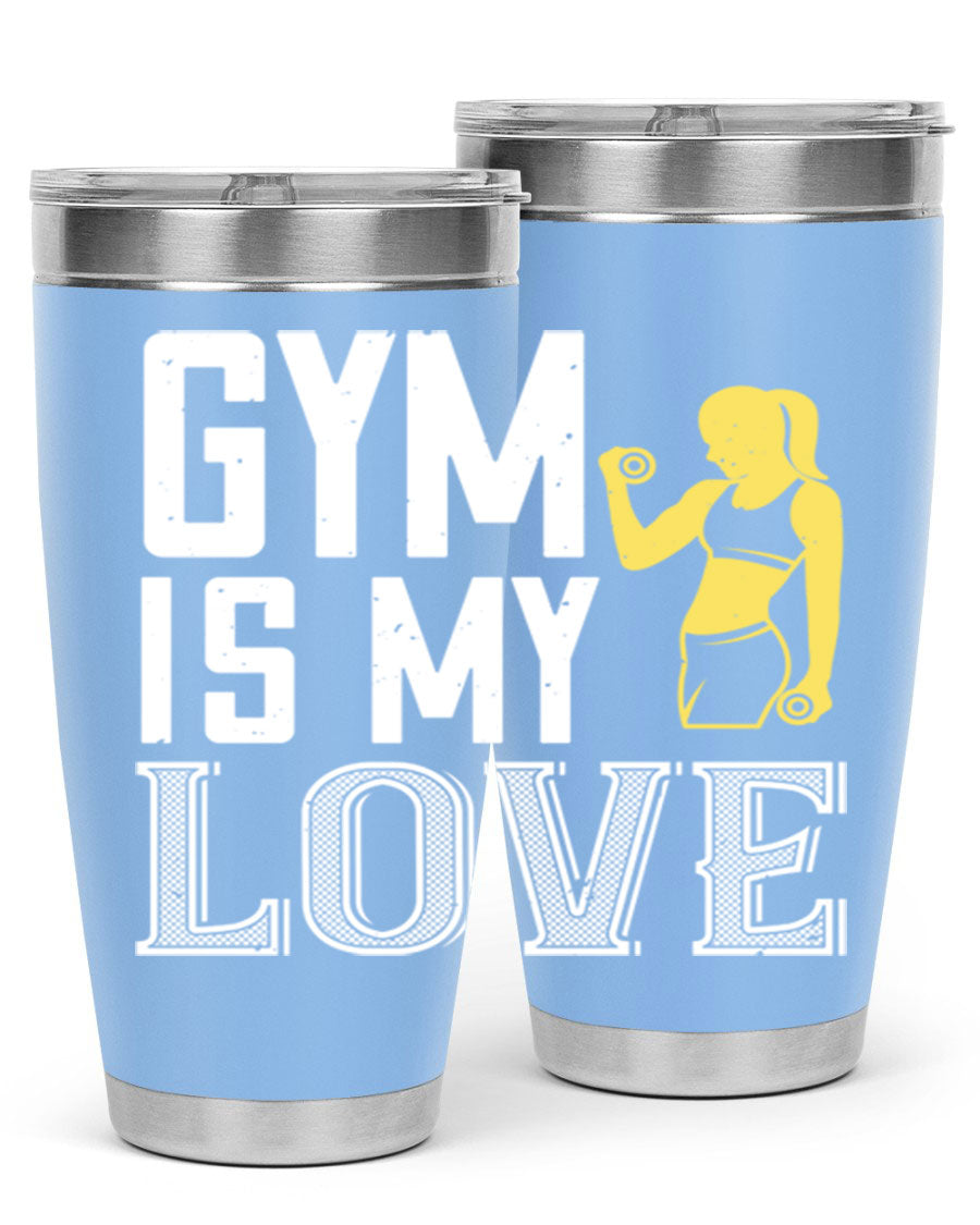 A stylish 'Gym is My Love 98#' tumbler in stainless steel, showcasing its double wall vacuum design and vibrant print.