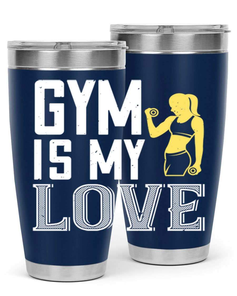 A stylish 'Gym is My Love 98#' tumbler in stainless steel, showcasing its double wall vacuum design and vibrant print.