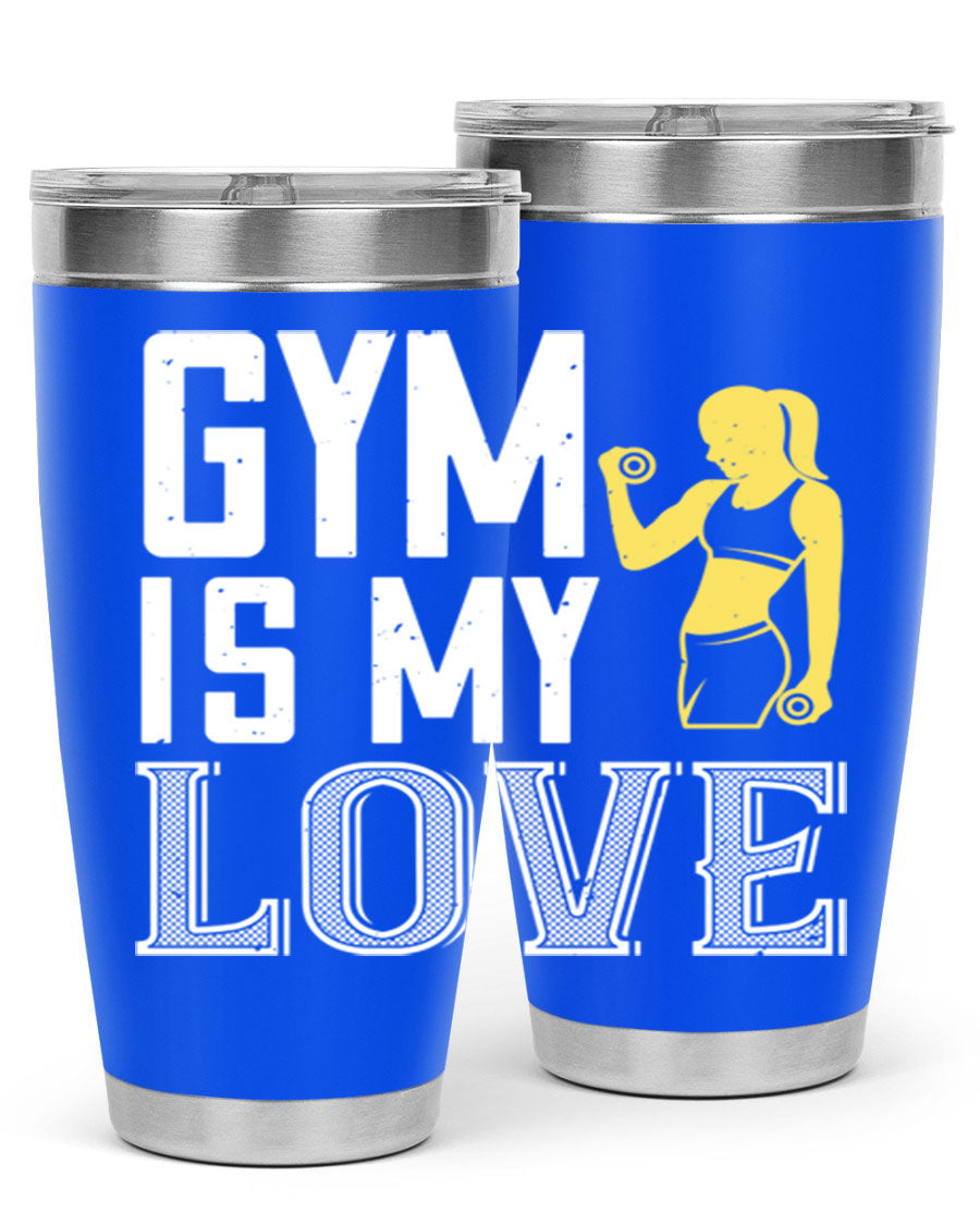 A stylish 'Gym is My Love 98#' tumbler in stainless steel, showcasing its double wall vacuum design and vibrant print.