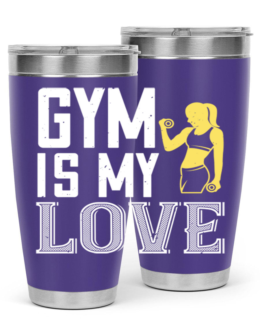 A stylish 'Gym is My Love 98#' tumbler in stainless steel, showcasing its double wall vacuum design and vibrant print.