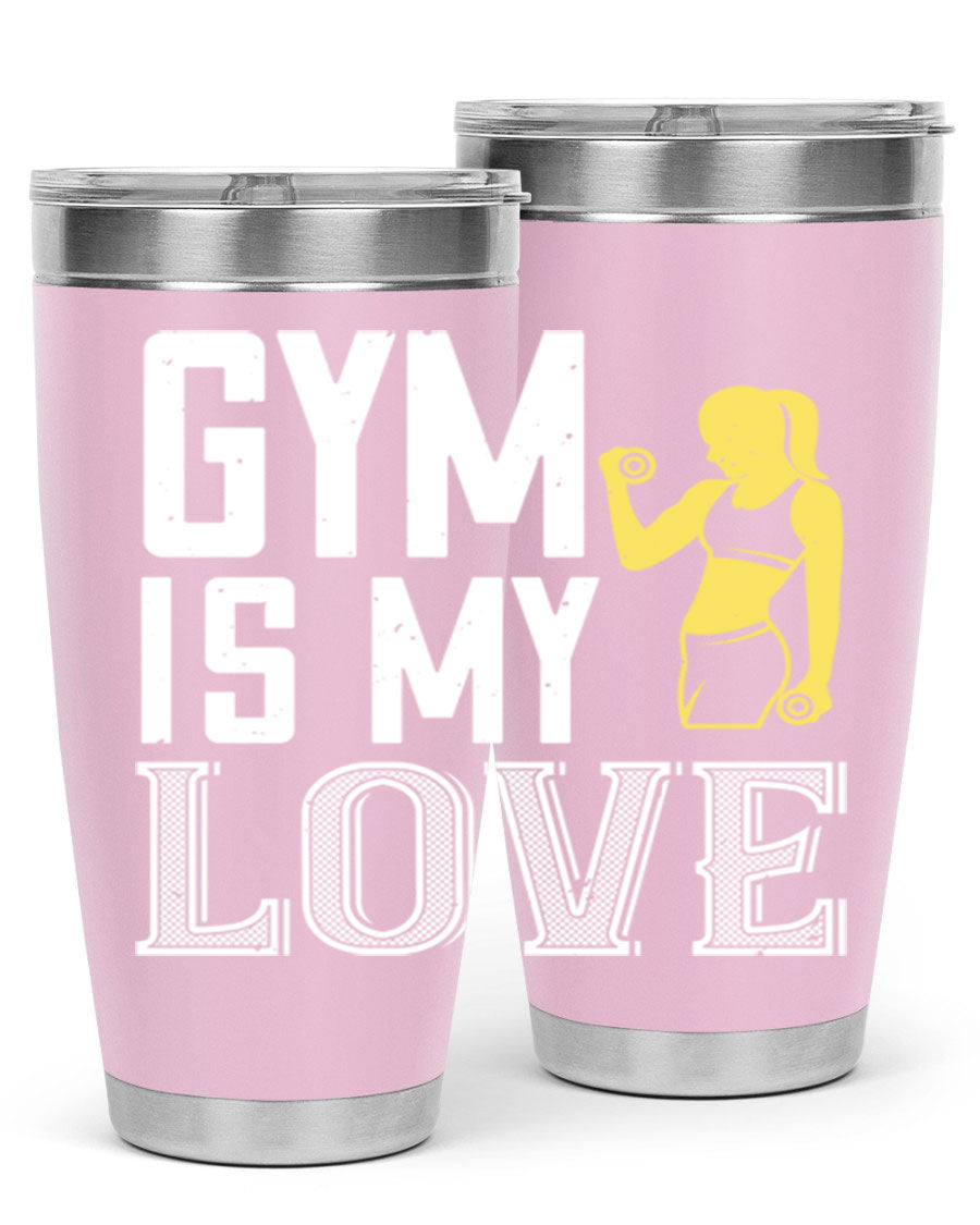 A stylish 'Gym is My Love 98#' tumbler in stainless steel, showcasing its double wall vacuum design and vibrant print.
