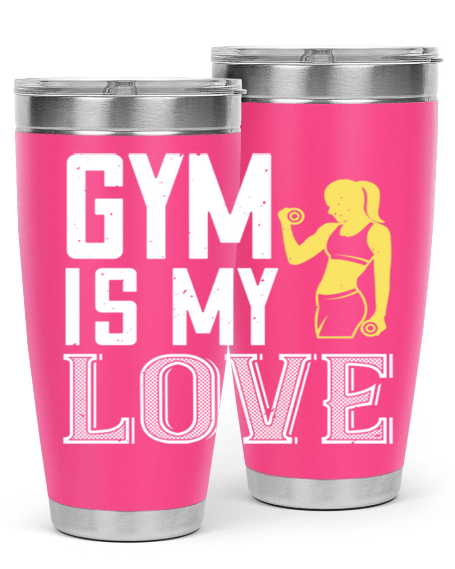 A stylish 'Gym is My Love 98#' tumbler in stainless steel, showcasing its double wall vacuum design and vibrant print.