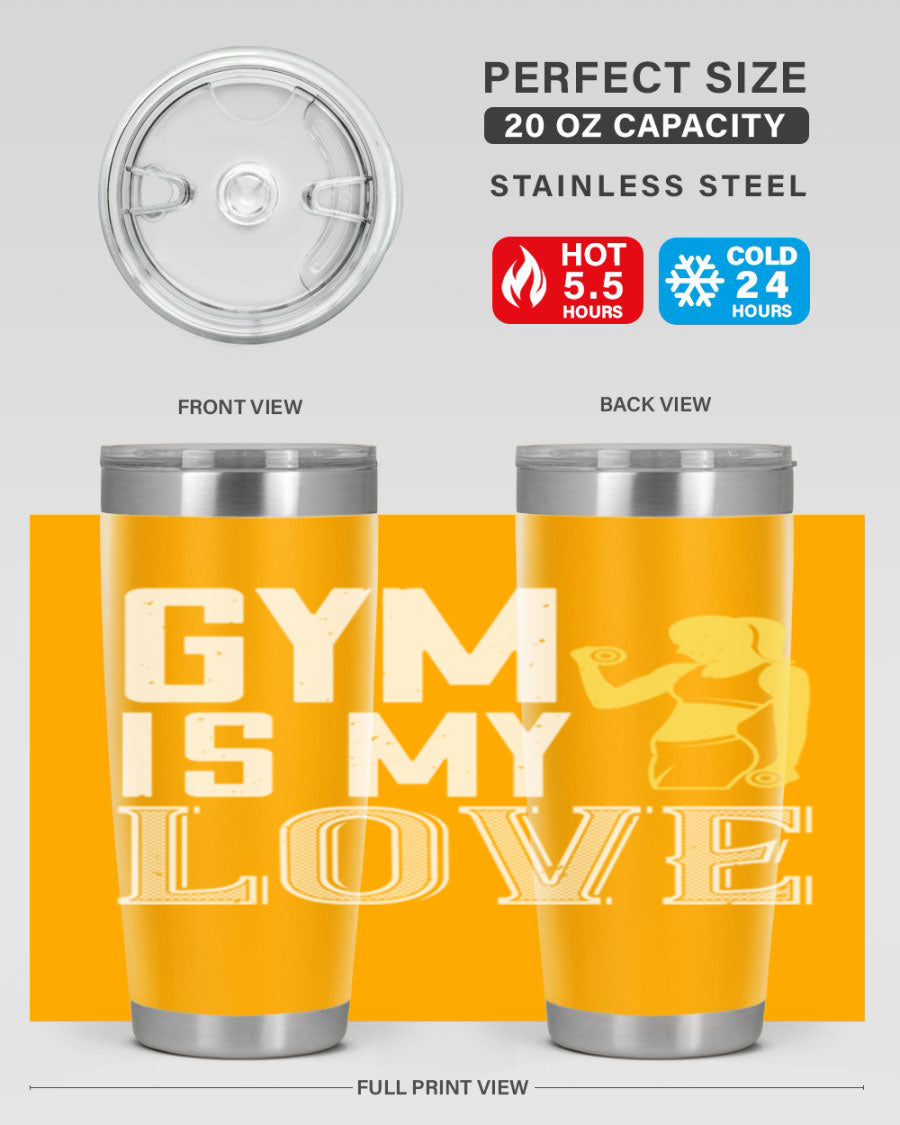 A stylish 'Gym is My Love 98#' tumbler in stainless steel, showcasing its double wall vacuum design and vibrant print.