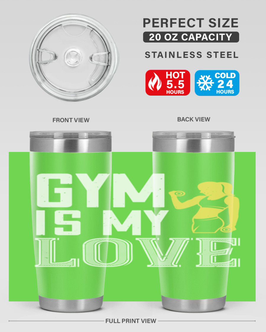 A stylish 'Gym is My Love 98#' tumbler in stainless steel, showcasing its double wall vacuum design and vibrant print.