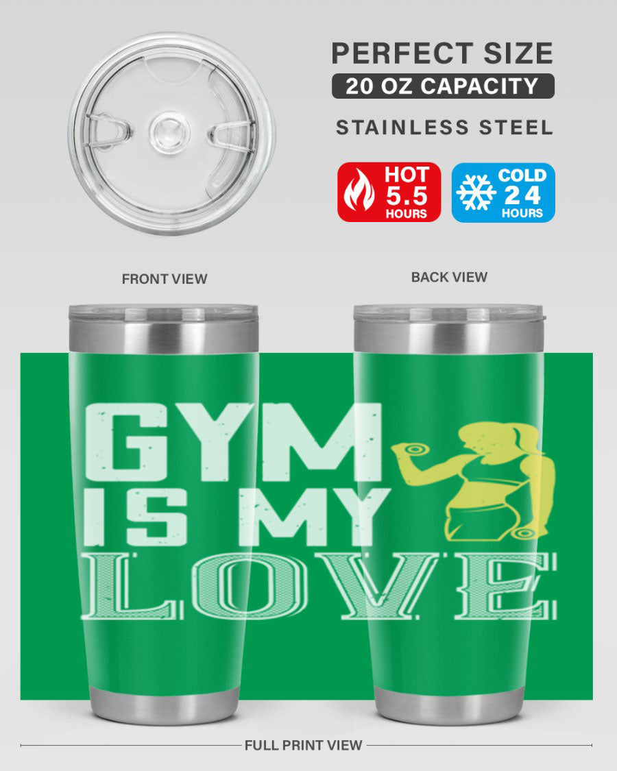 A stylish 'Gym is My Love 98#' tumbler in stainless steel, showcasing its double wall vacuum design and vibrant print.