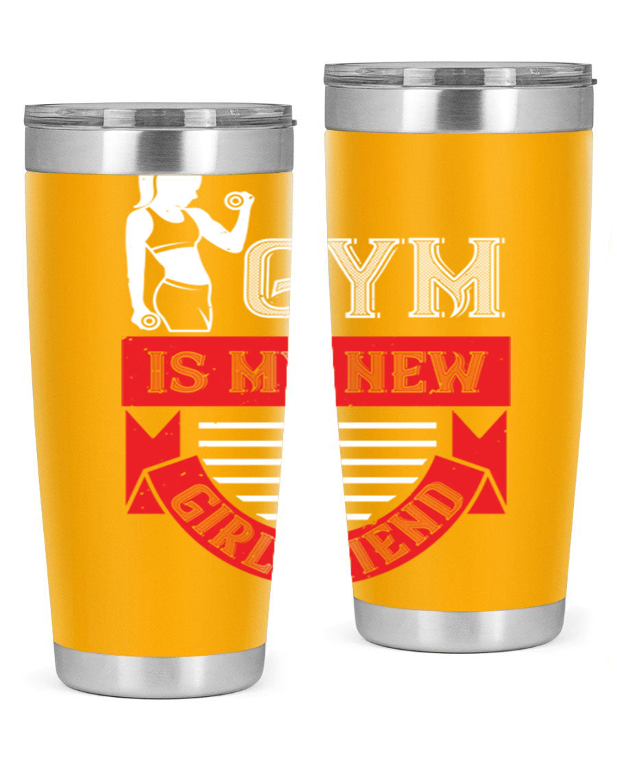 A stylish 'Gym is My New Girlfriend' tumbler made of stainless steel, featuring a vibrant print and a drink-thru lid, perfect for workouts.