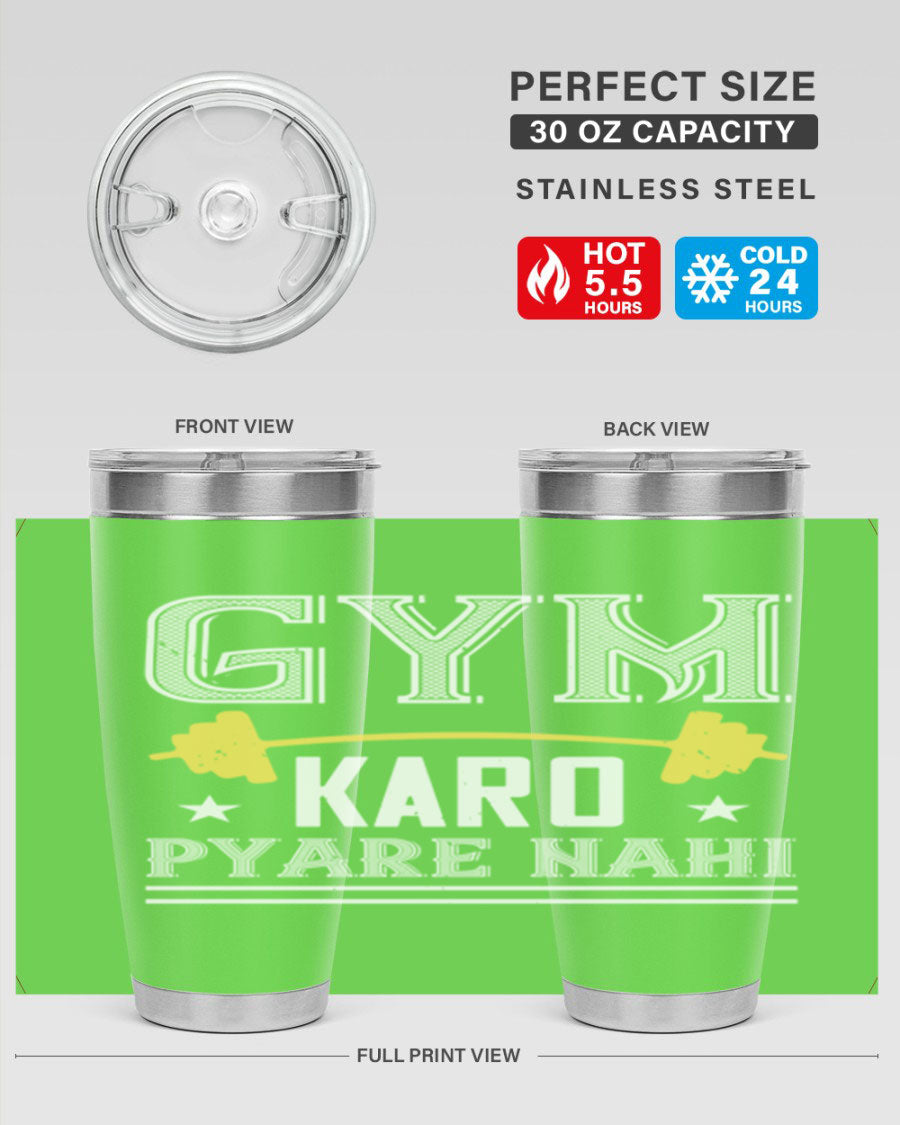 gym karo pare nahi 9# Tumbler in stainless steel with a drink-thru lid, showcasing its sleek design and double wall insulation.