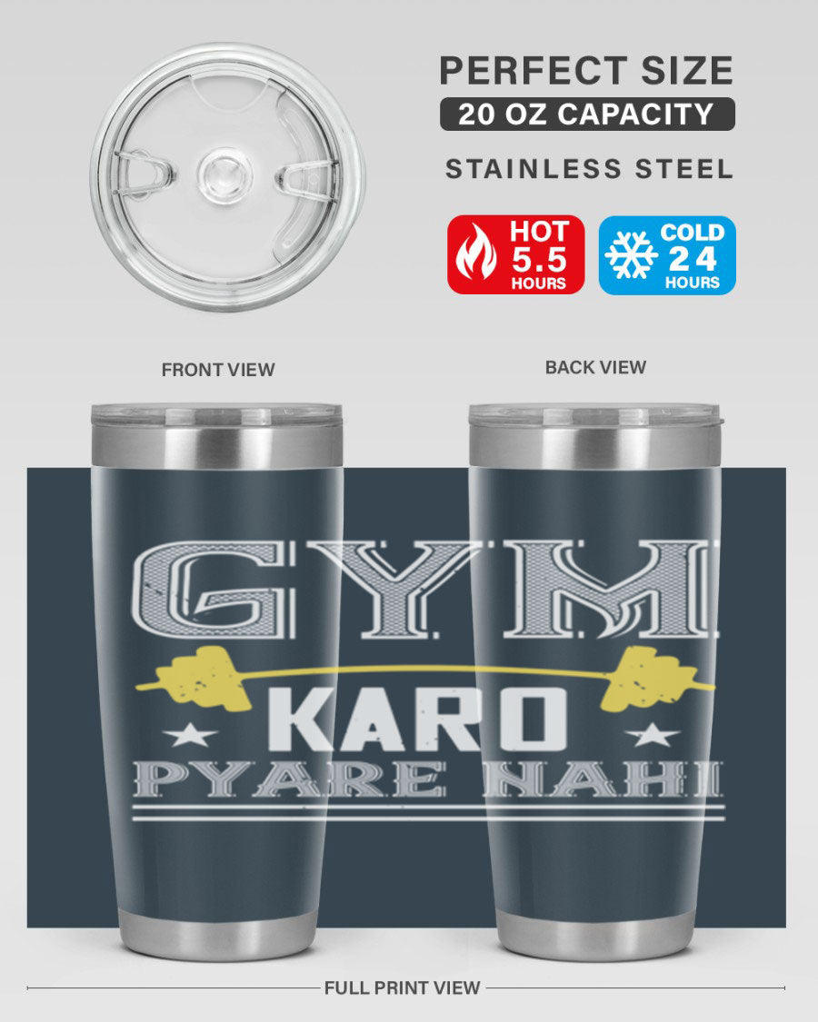 gym karo pare nahi 9# Tumbler in stainless steel with a drink-thru lid, showcasing its sleek design and double wall insulation.